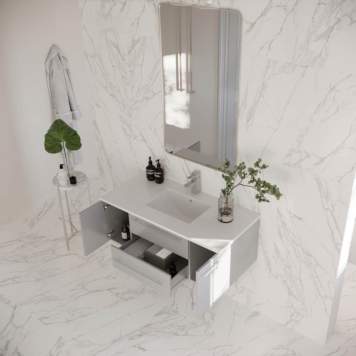 Lucera 42" Wall Mounted Single Basin Vanity Set with Cabinet and Quartz Vanity Top