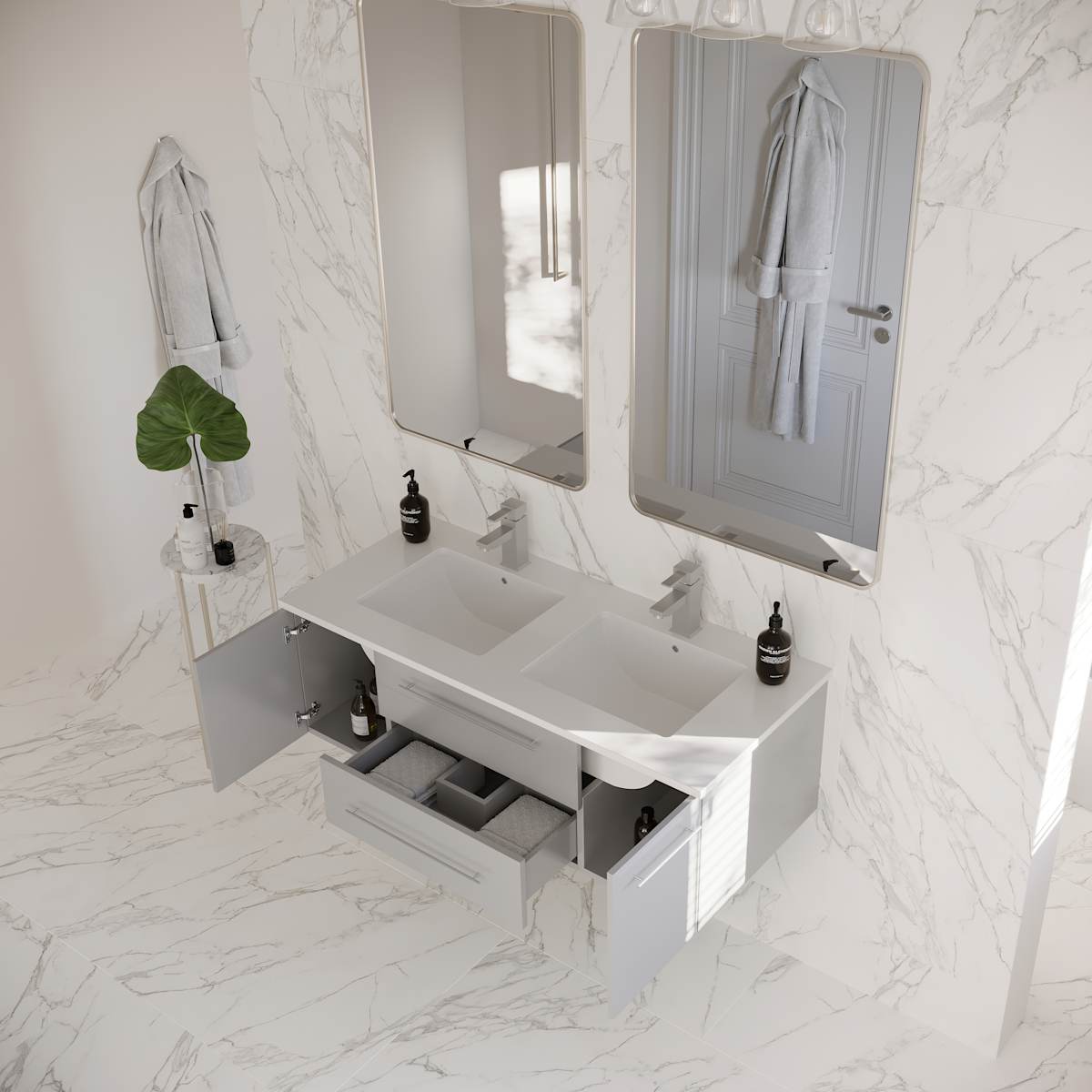 Lucera 48" Wall Mounted Double Basin Vanity Set with Cabinet and Quartz Vanity Top