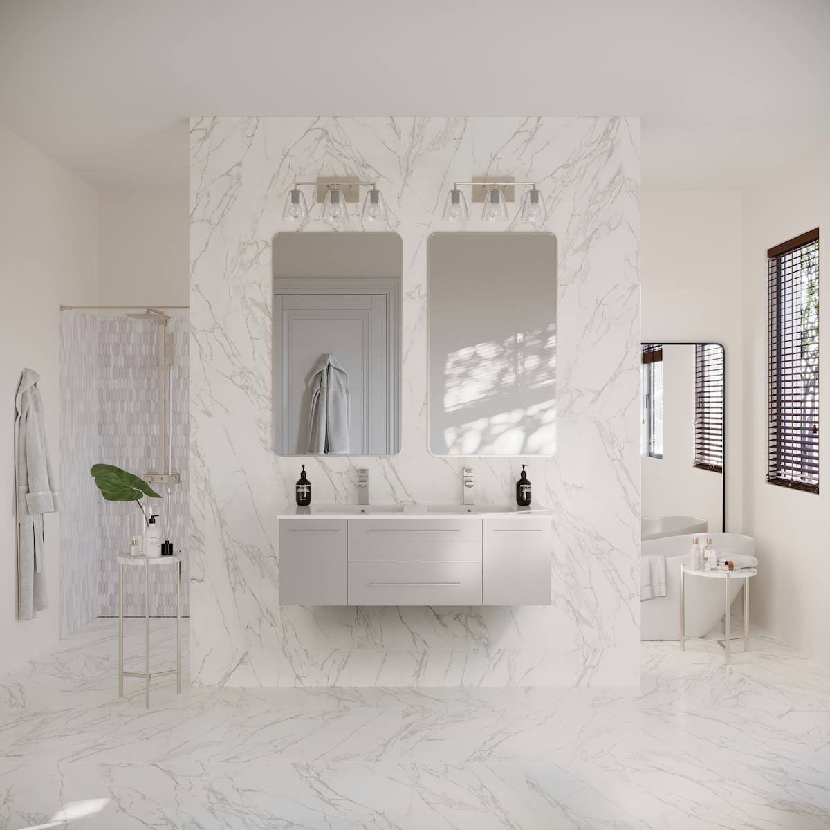 Lucera 48" Wall Mounted Double Basin Vanity Set with Cabinet and Quartz Vanity Top