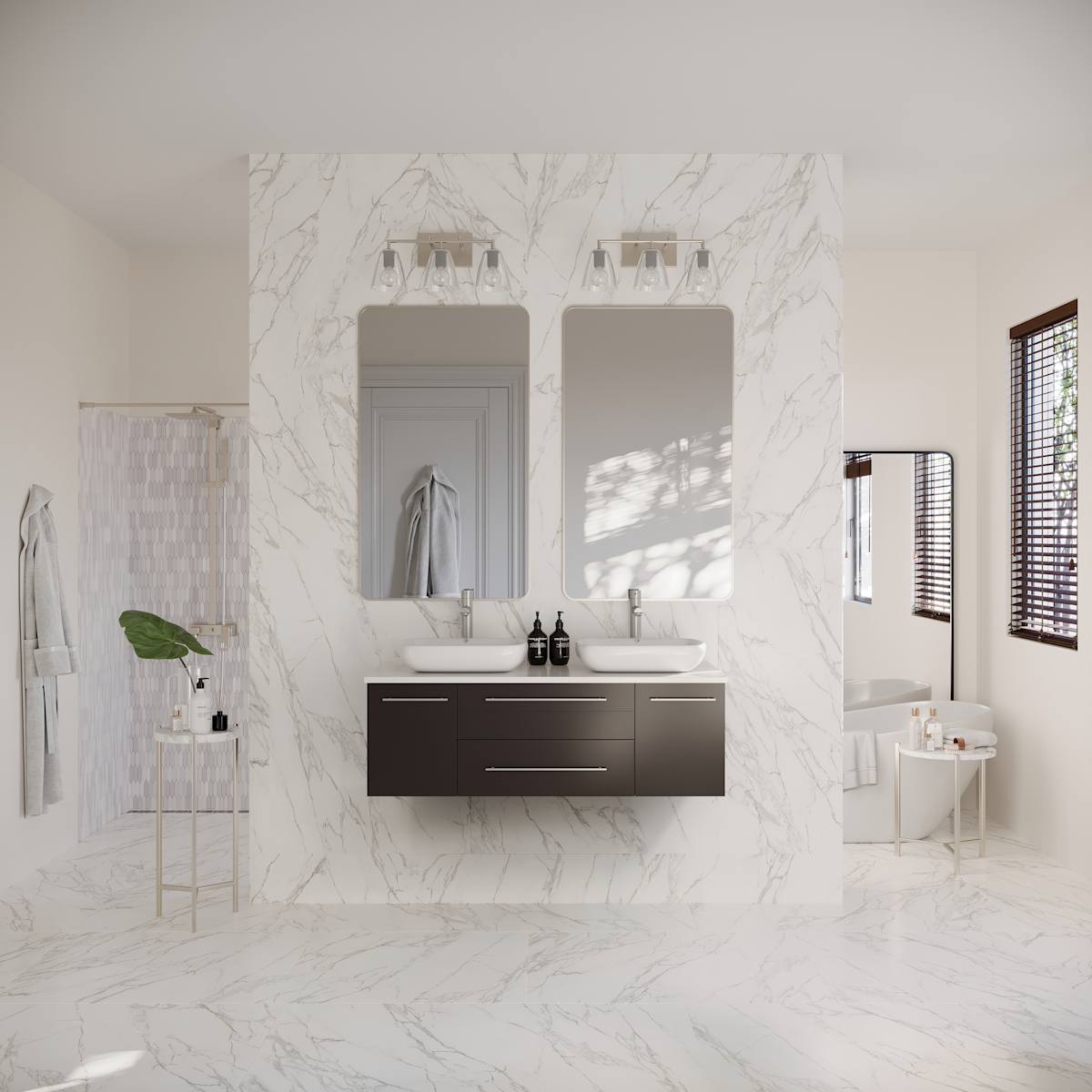 Lucera 48" Wall Mounted Double Basin Vanity Set with Wood Cabinet and Quartz Vanity Top
