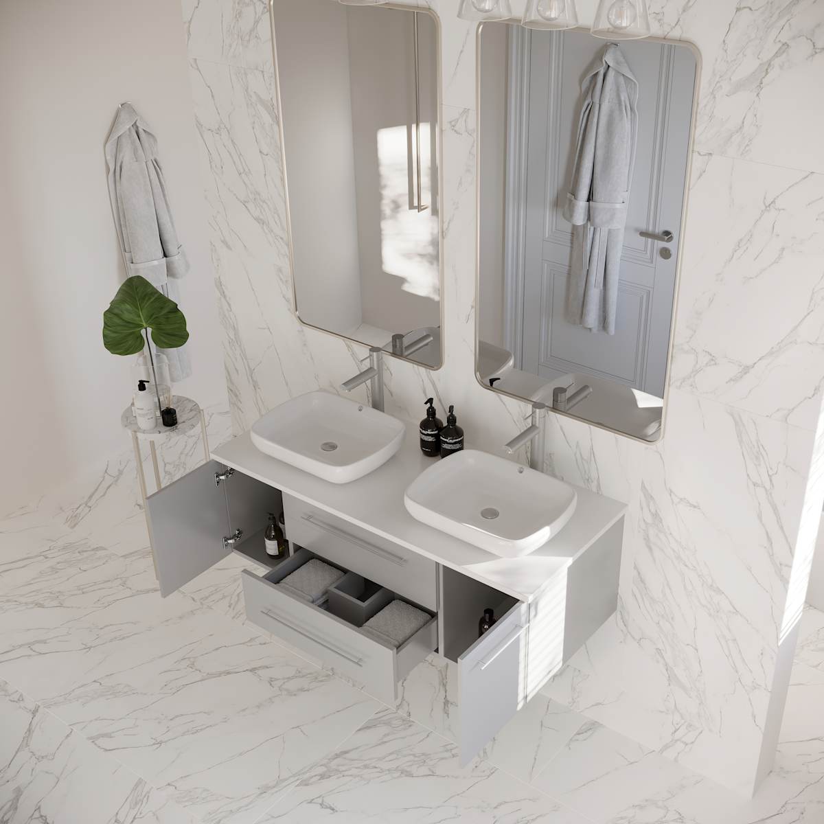 Lucera 48" Wall Mounted Double Basin Vanity Set with Wood Cabinet and Quartz Vanity Top