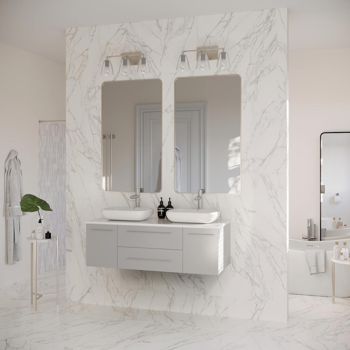 Lucera 48" Wall Mounted Double Basin Vanity Set with Wood Cabinet and Quartz Vanity Top