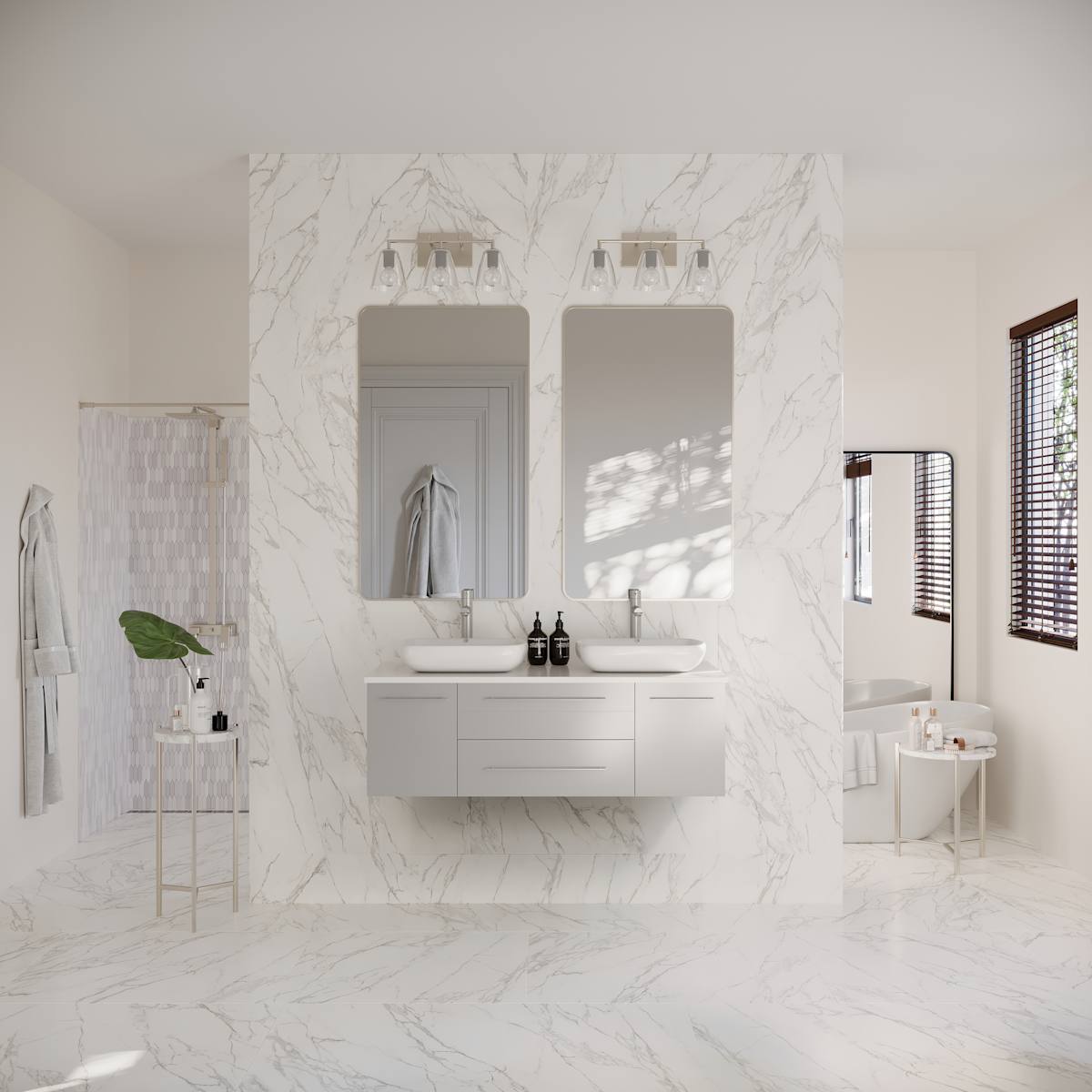 Lucera 48" Wall Mounted Double Basin Vanity Set with Wood Cabinet and Quartz Vanity Top