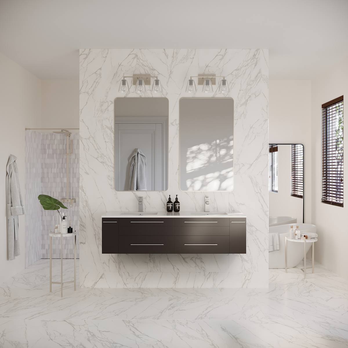 Lucera 60" Wall Mounted Double Basin Vanity Set with Cabinet and Quartz Vanity Top