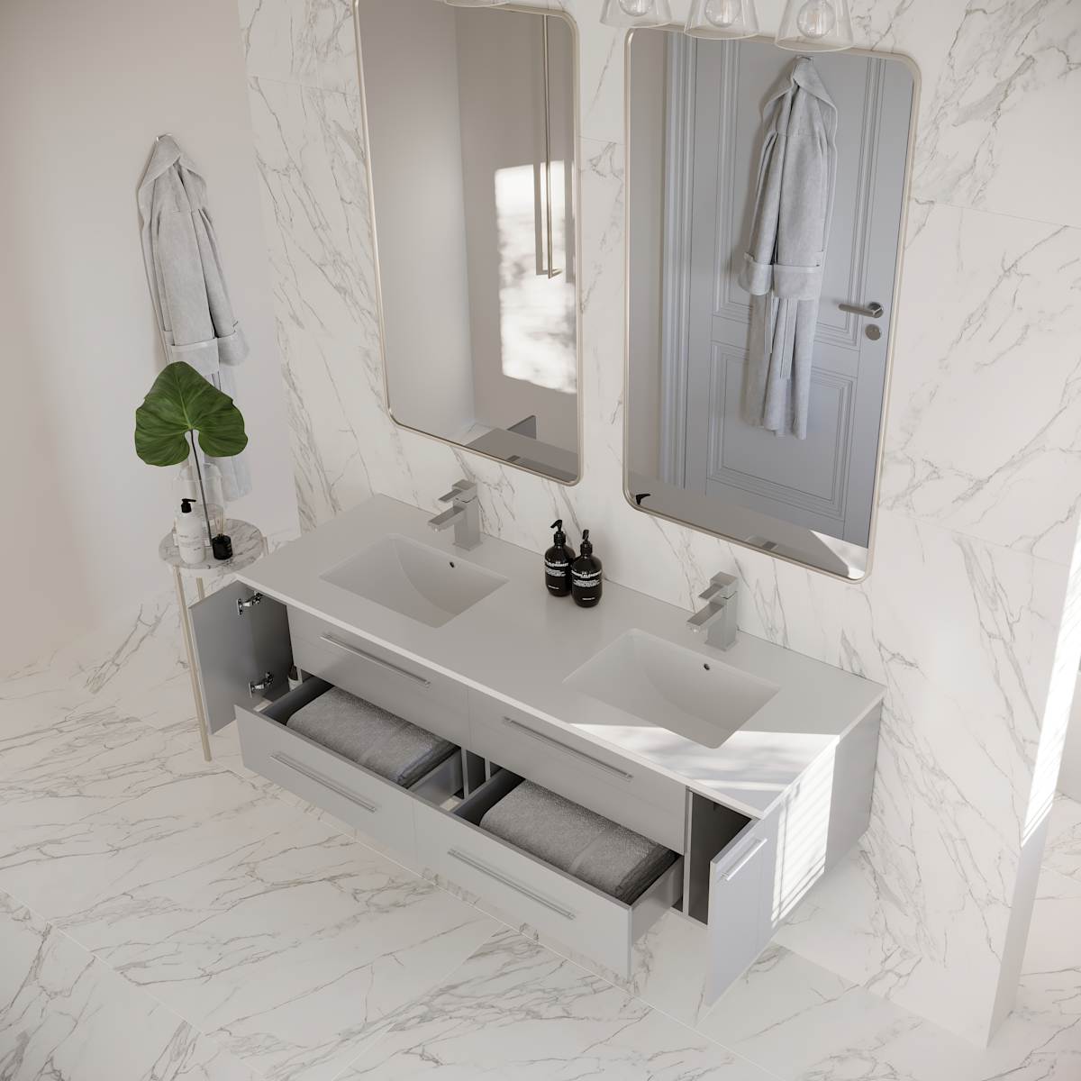 Lucera 60" Wall Mounted Double Basin Vanity Set with Cabinet and Quartz Vanity Top