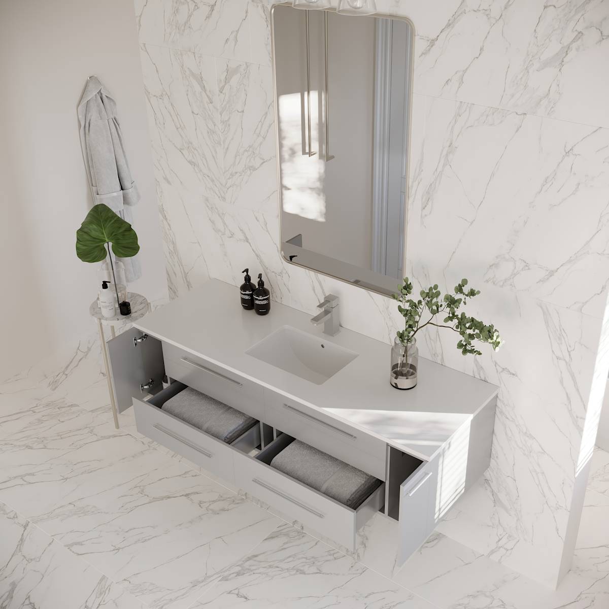 Lucera 60" Wall Mounted Single Basin Vanity Set with Cabinet and Quartz Vanity Top