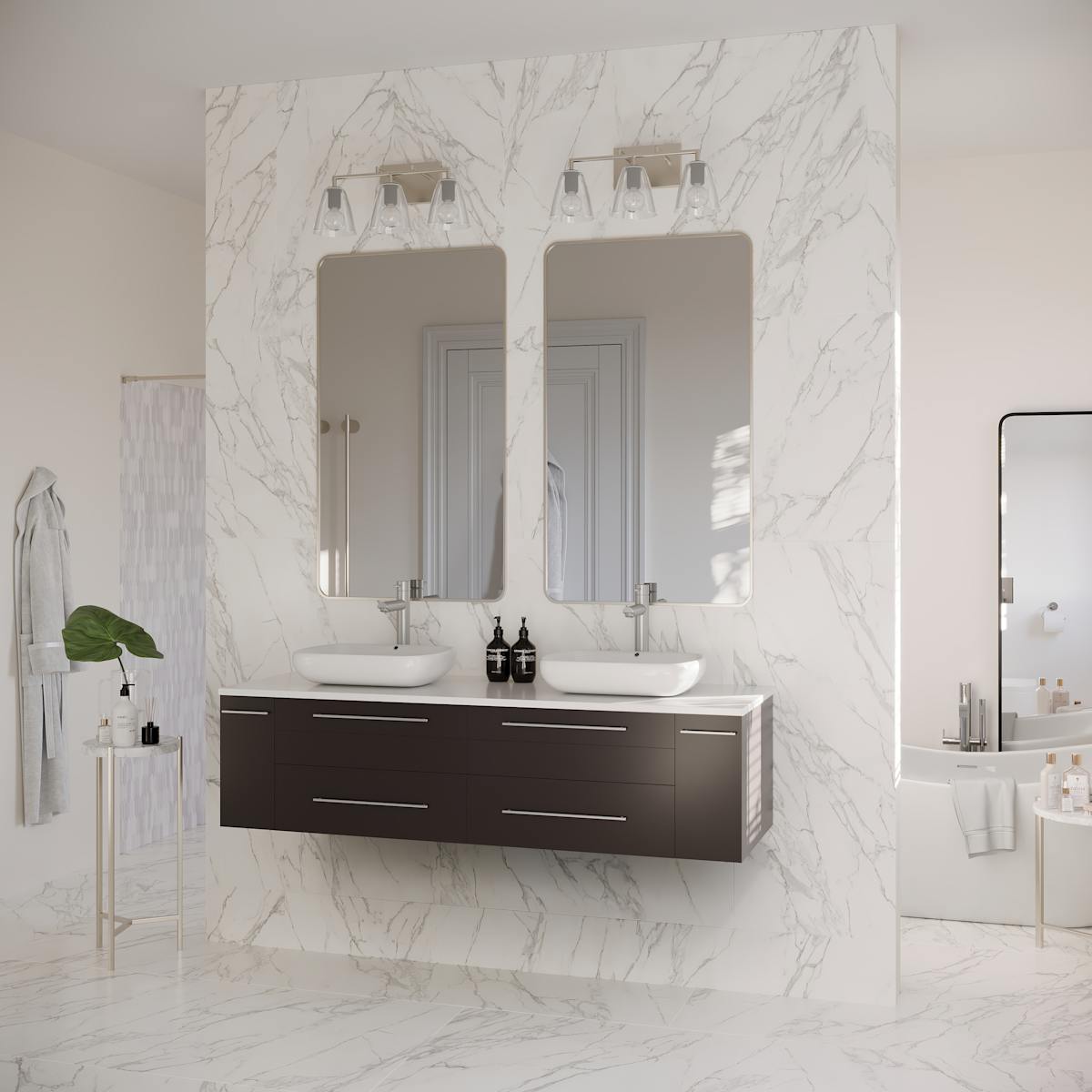 Lucera 60" Wall Mounted Double Basin Vanity Set with Cabinet and Quartz Vanity Top