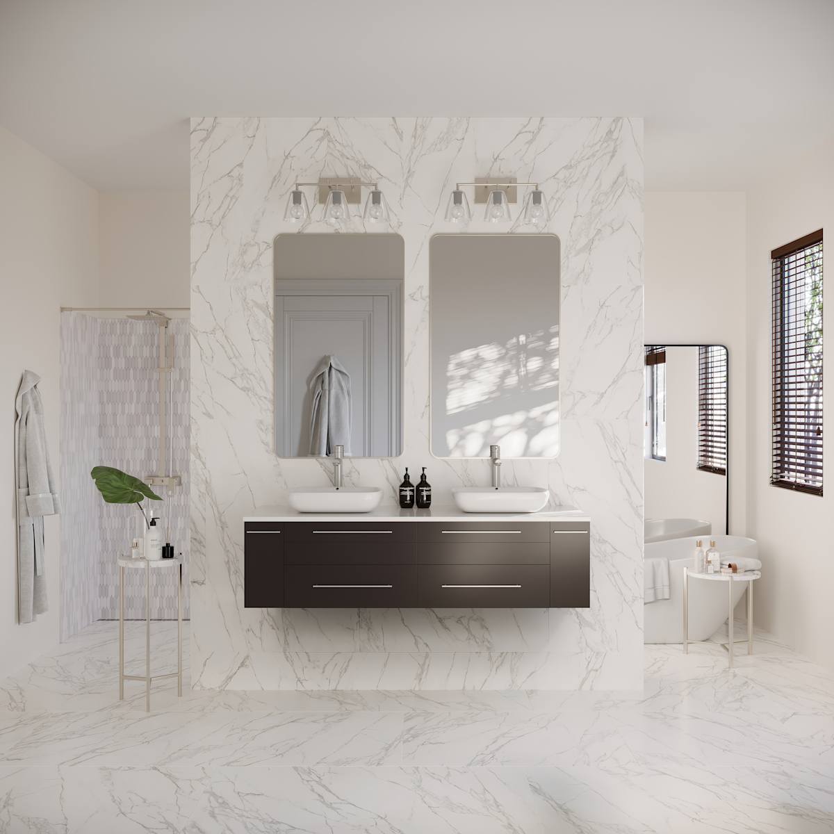 Lucera 60" Wall Mounted Double Basin Vanity Set with Cabinet and Quartz Vanity Top