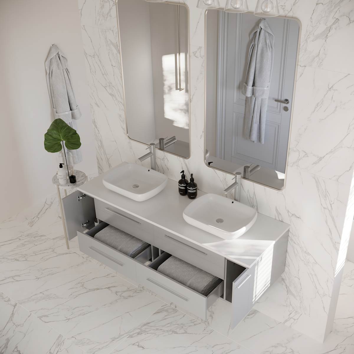 Lucera 60" Wall Mounted Double Basin Vanity Set with Cabinet and Quartz Vanity Top