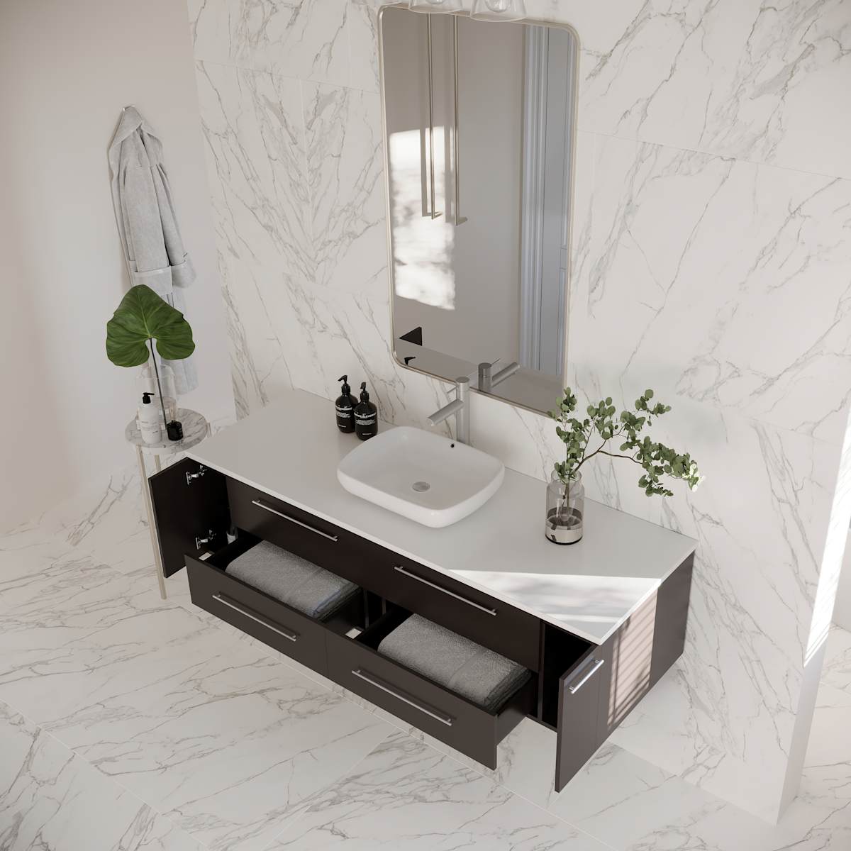 Lucera 60" Wall Mounted Single Basin Vanity Set with Wood Cabinet and Quartz Vanity Top