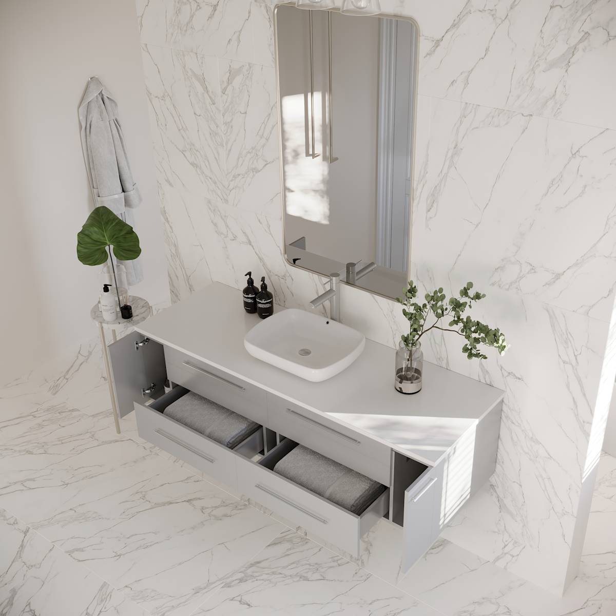 Lucera 60" Wall Mounted Single Basin Vanity Set with Wood Cabinet and Quartz Vanity Top