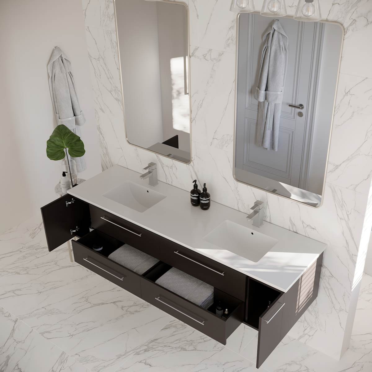 Lucera 72" Wall Mounted Double Basin Vanity Set with Cabinet and Quartz Vanity Top