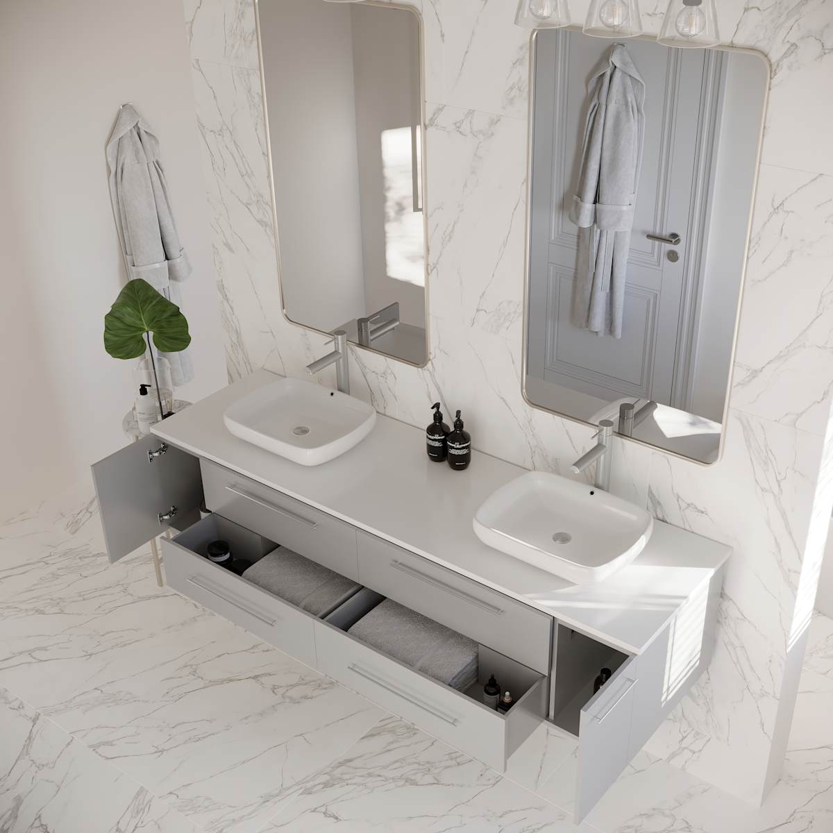 Lucera 72" Wall Mounted Double Basin Vanity Set with Cabinet and Quartz Vanity Top
