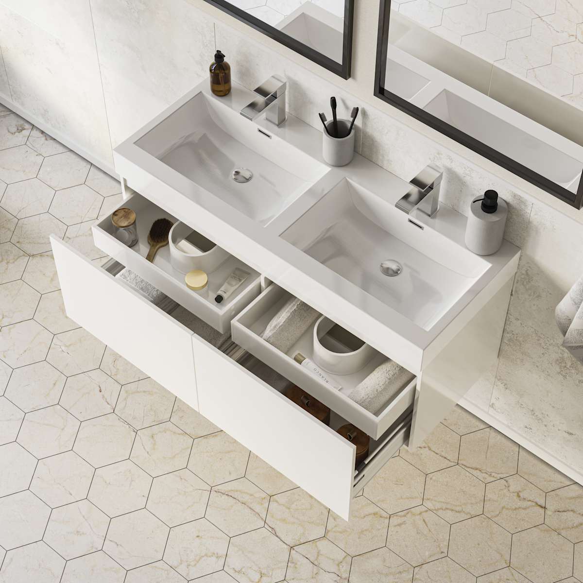 Mezzo 48" Wall Mounted Double Basin Vanity Set with Cabinet and Acrylic Vanity Top