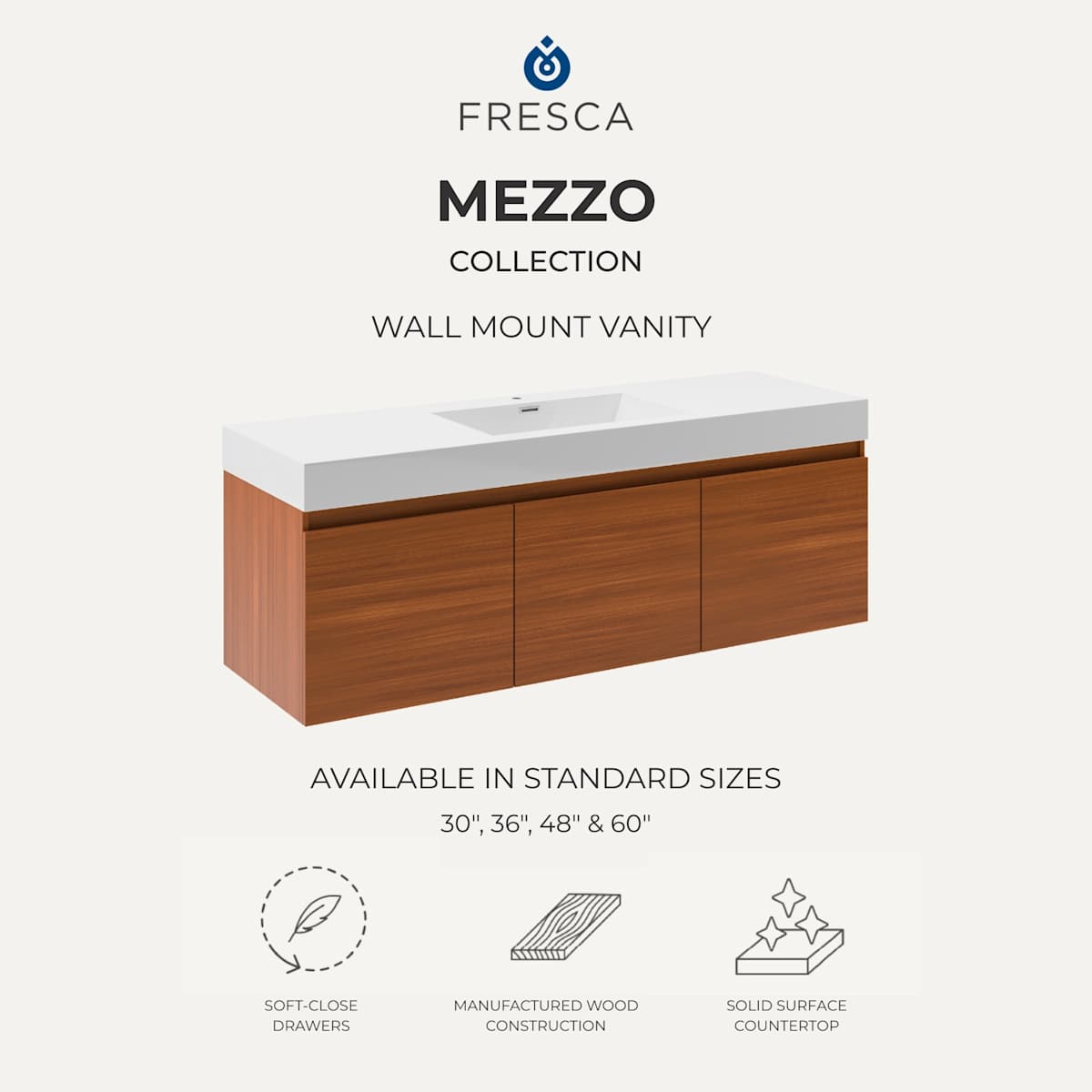 Mezzo 60" Wall Mounted Single Basin Vanity Set with Cabinet and Acrylic Vanity Top