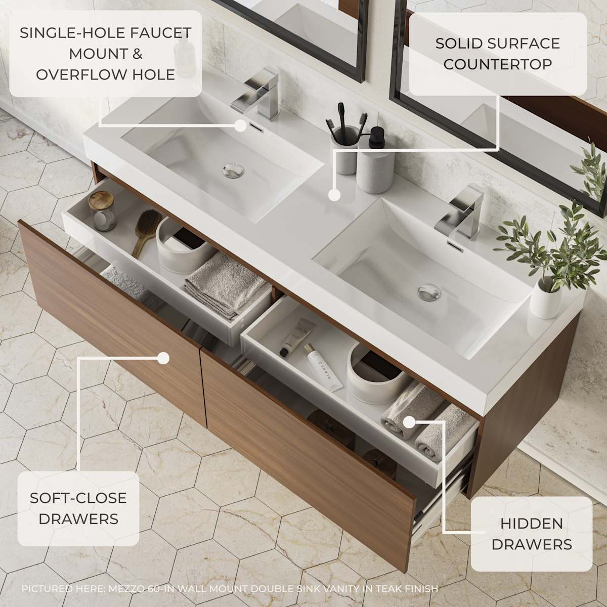Mezzo 60" Wall Mounted Single Basin Vanity Set with Cabinet and Acrylic Vanity Top