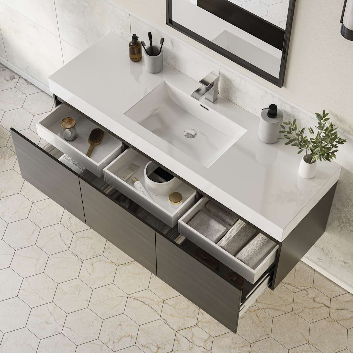 Mezzo 60" Wall Mounted Single Basin Vanity Set with Cabinet and Acrylic Vanity Top