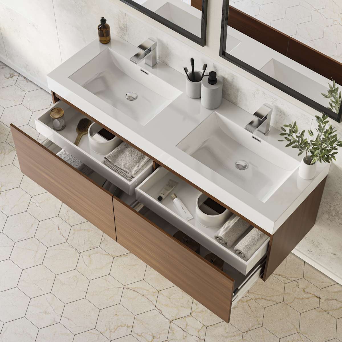 Mezzo 60" Wall Mounted Double Basin Vanity Set with Cabinet and Acrylic Vanity Top