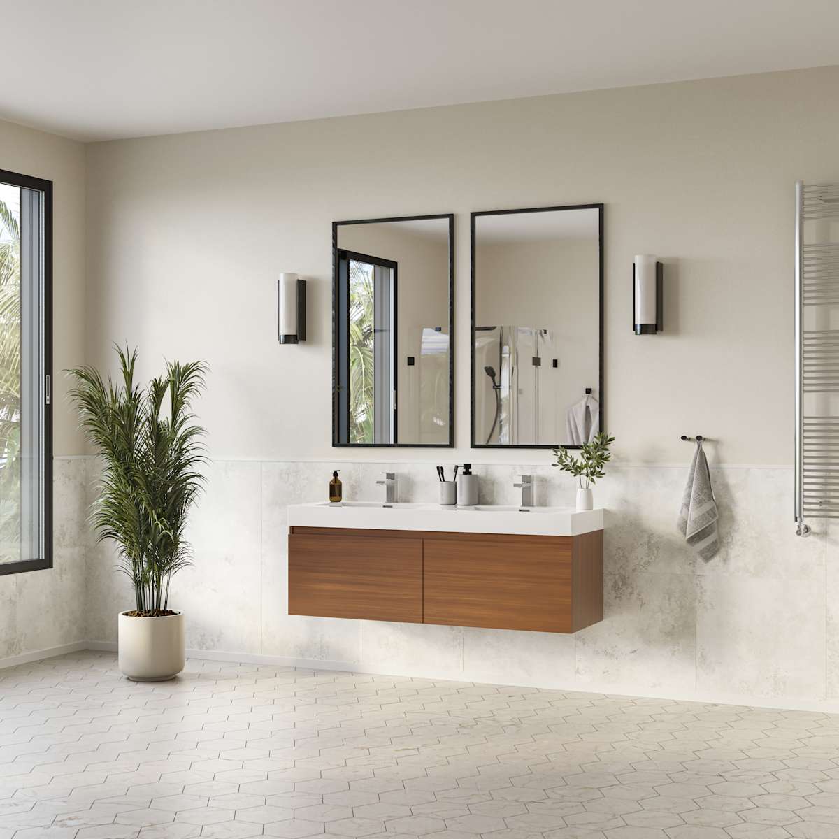 Mezzo 60" Wall Mounted Double Basin Vanity Set with Cabinet and Acrylic Vanity Top
