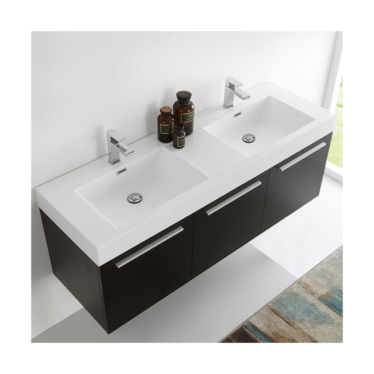 Vista 59" Wall Mounted Double Basin Vanity Set with Cabinet and Stone Vanity Top