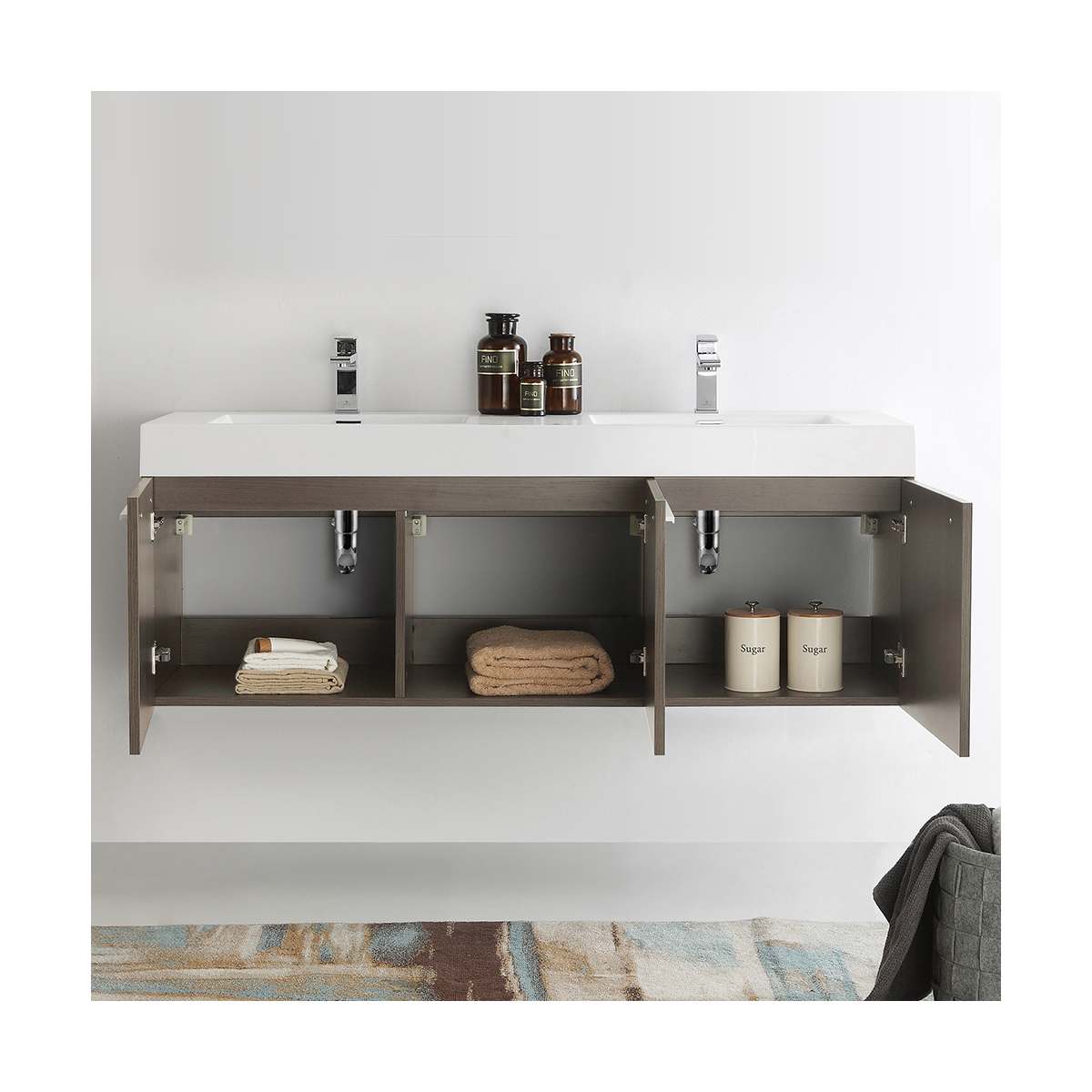Vista 59" Wall Mounted Double Basin Vanity Set with Cabinet and Stone Vanity Top