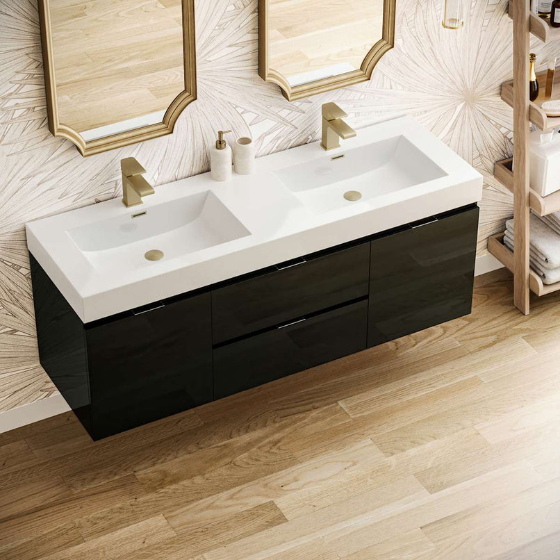 Valencia 60" Wall Mounted Double Basin Vanity Set with Cabinet and Acrylic Vanity Top - image 4