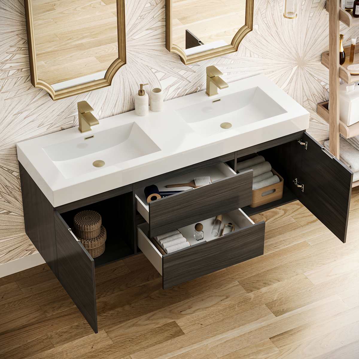 Valencia 60" Wall Mounted Double Basin Vanity Set with Cabinet and Acrylic Vanity Top