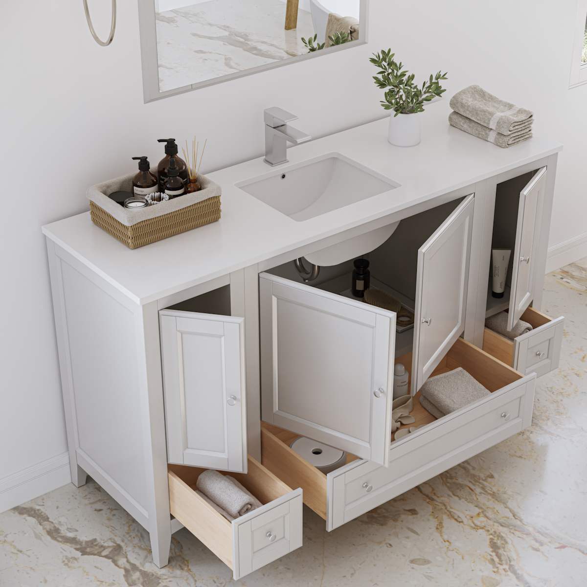 Oxford 60" Free Standing Single Basin Vanity Set with Cabinet, Quartz Vanity Top, and Framed Mirror