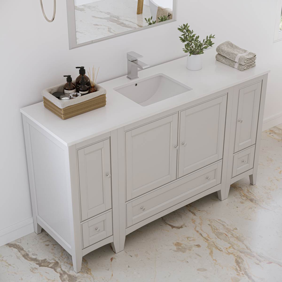 Oxford 60" Free Standing Single Basin Vanity Set with Cabinet, Quartz Vanity Top, and Framed Mirror
