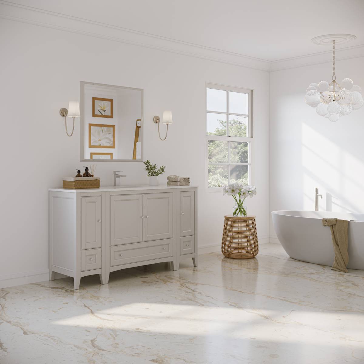 Oxford 60" Free Standing Single Basin Vanity Set with Cabinet, Quartz Vanity Top, and Framed Mirror