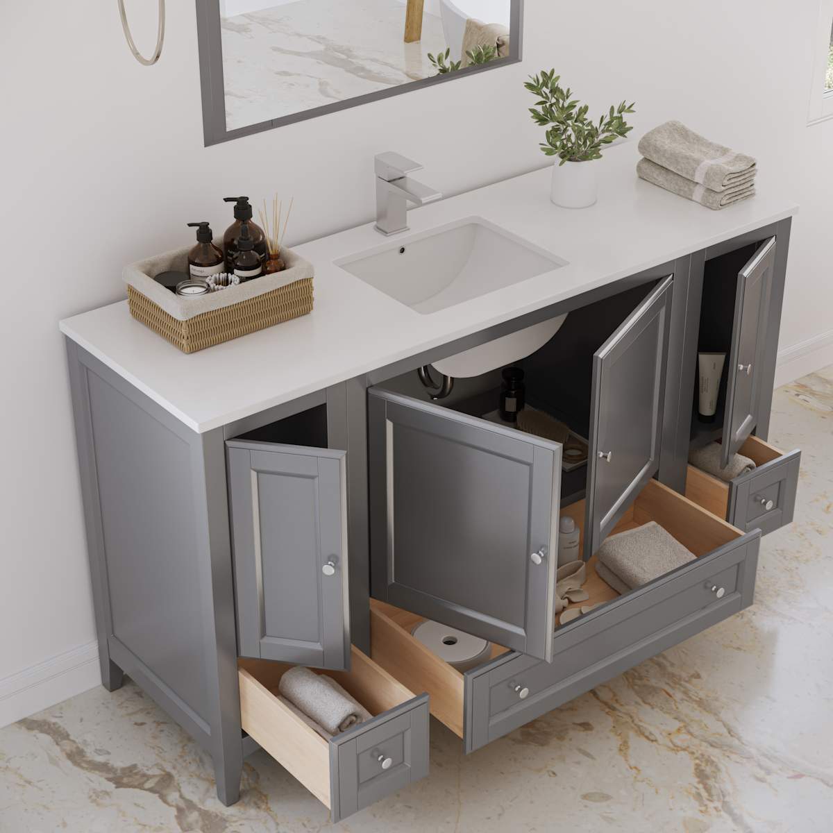 Oxford 60" Free Standing Single Basin Vanity Set with Cabinet, Quartz Vanity Top, and Framed Mirror