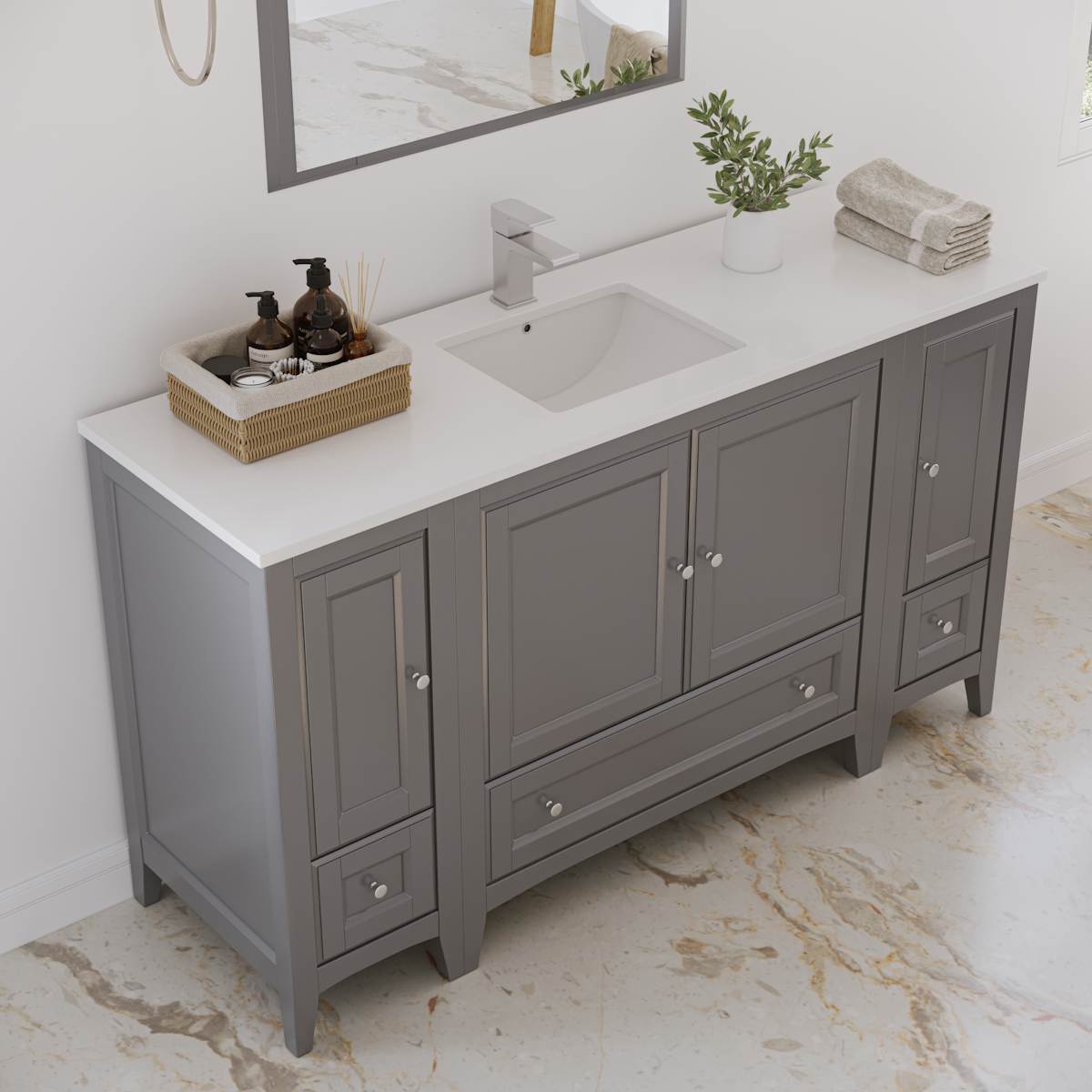Oxford 60" Free Standing Single Basin Vanity Set with Cabinet, Quartz Vanity Top, and Framed Mirror