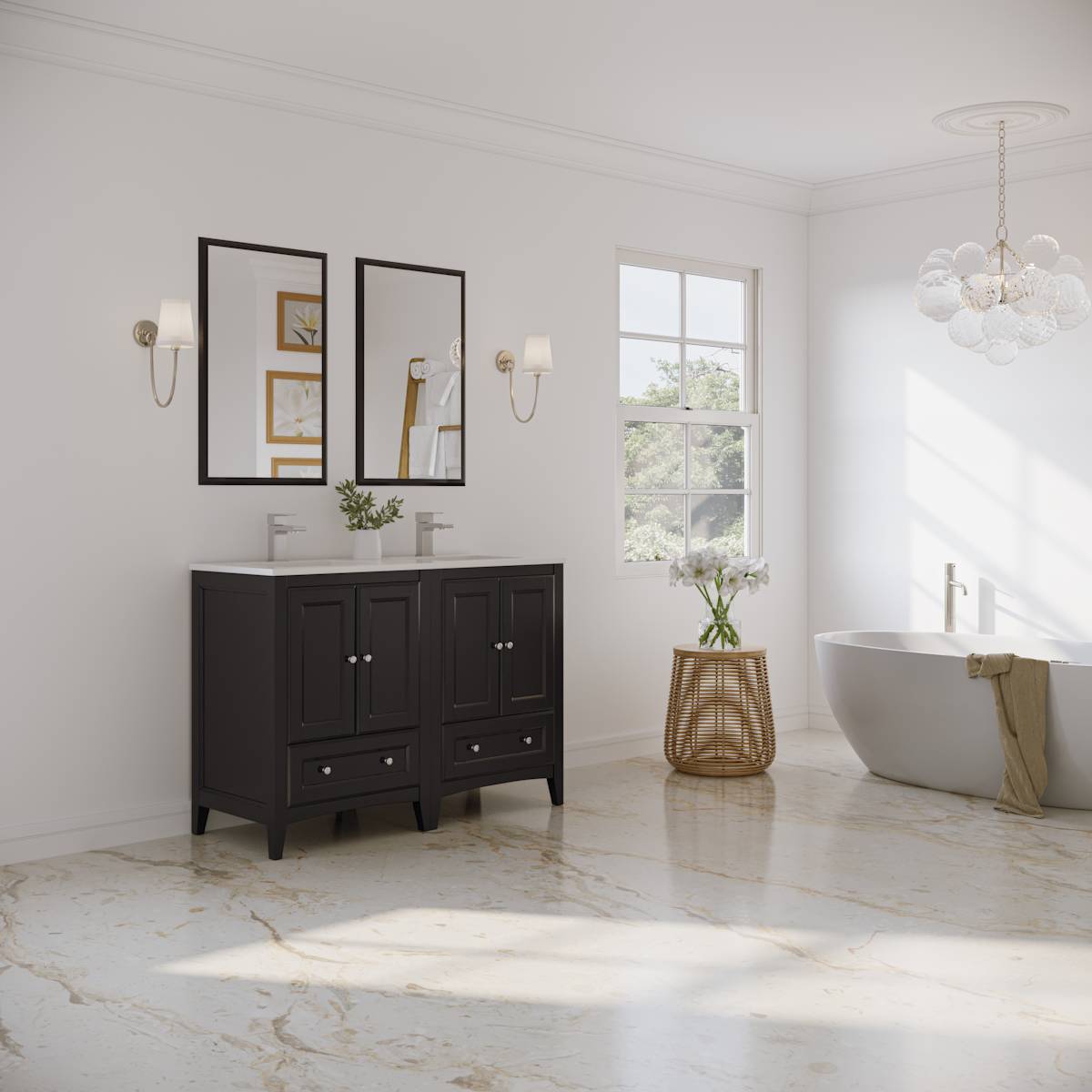 Oxford 48" Free Standing Double Basin Vanity Set with Cabinet, Quartz Vanity Top, and Framed Mirror