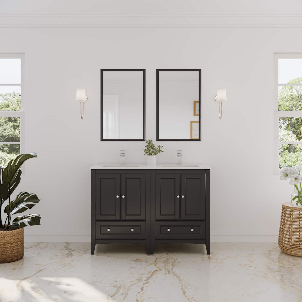 Oxford 48" Free Standing Double Basin Vanity Set with Cabinet, Quartz Vanity Top, and Framed Mirror