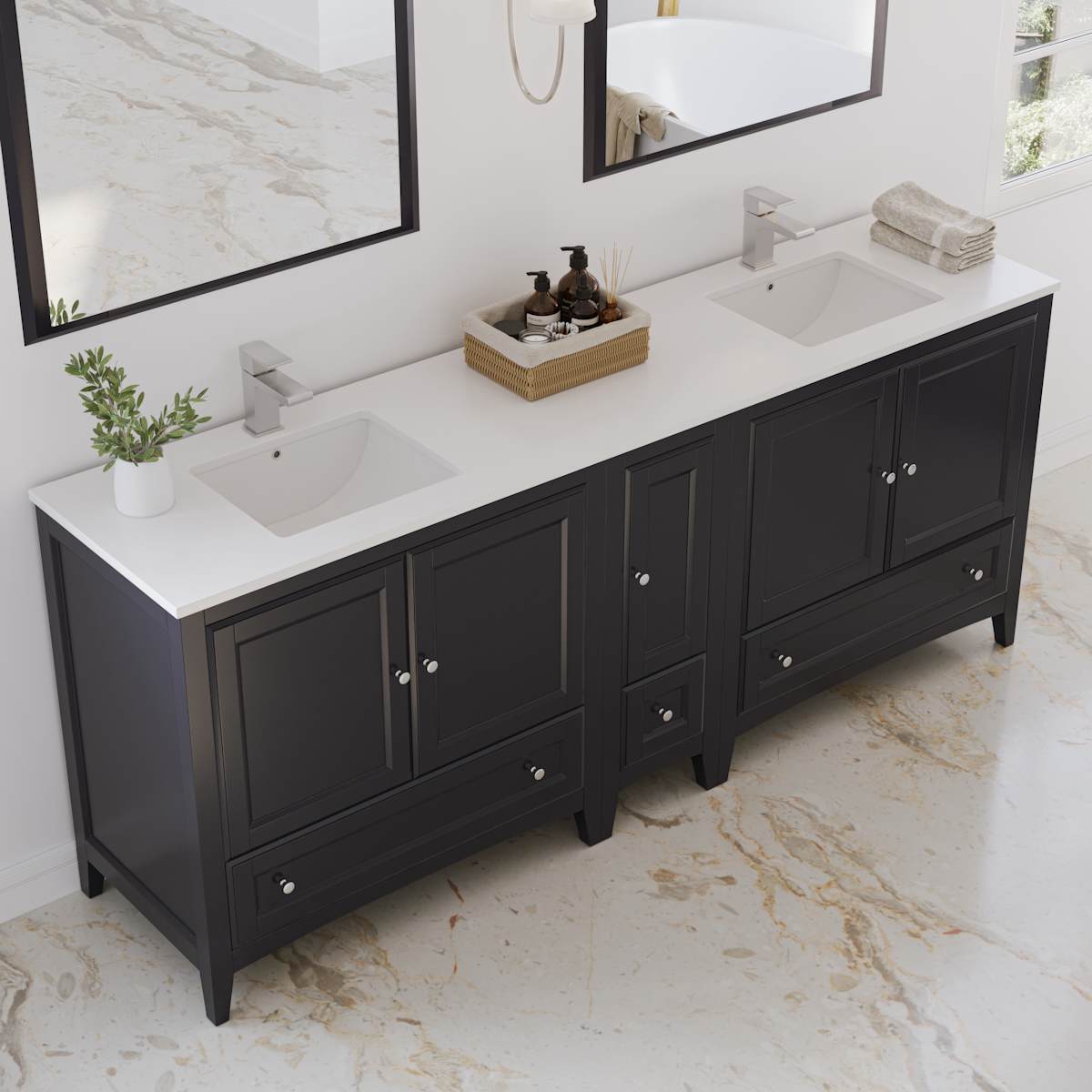 Oxford 84" Free Standing Double Basin Vanity Set with Cabinet, Quartz Vanity Top, and Framed Mirror