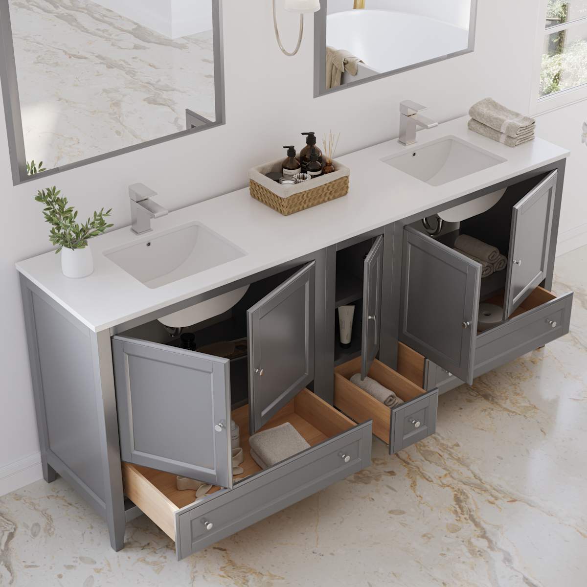 Oxford 84" Free Standing Double Basin Vanity Set with Cabinet, Quartz Vanity Top, and Framed Mirror