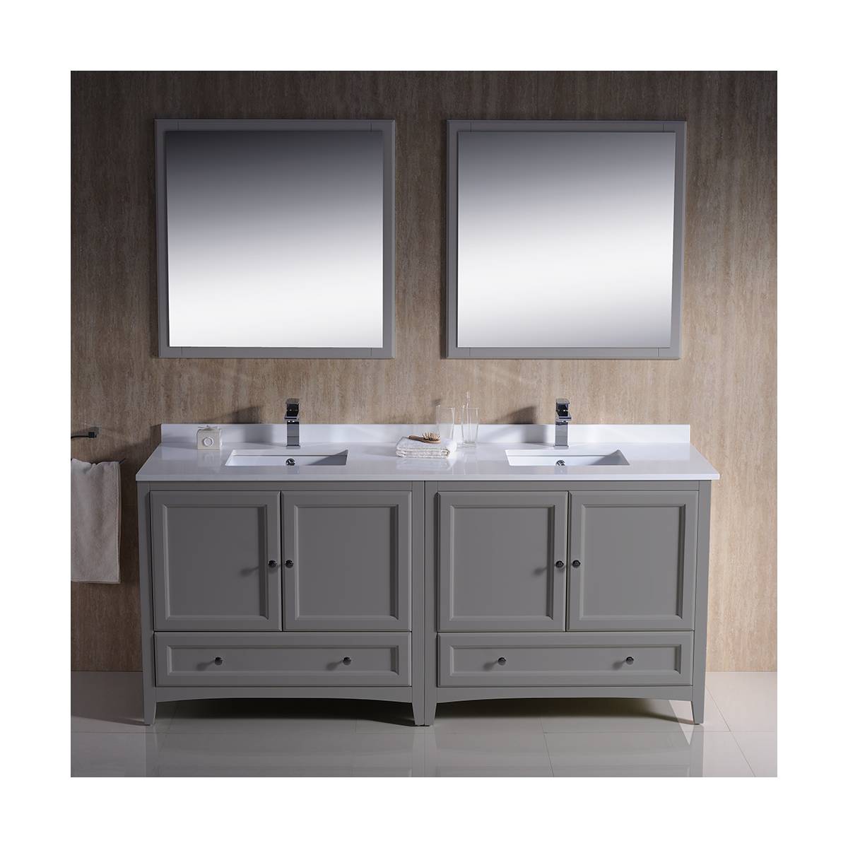 Oxford 72" Free Standing Double Basin Vanity Set with Cabinet, Quartz Vanity Top, and Framed Mirror