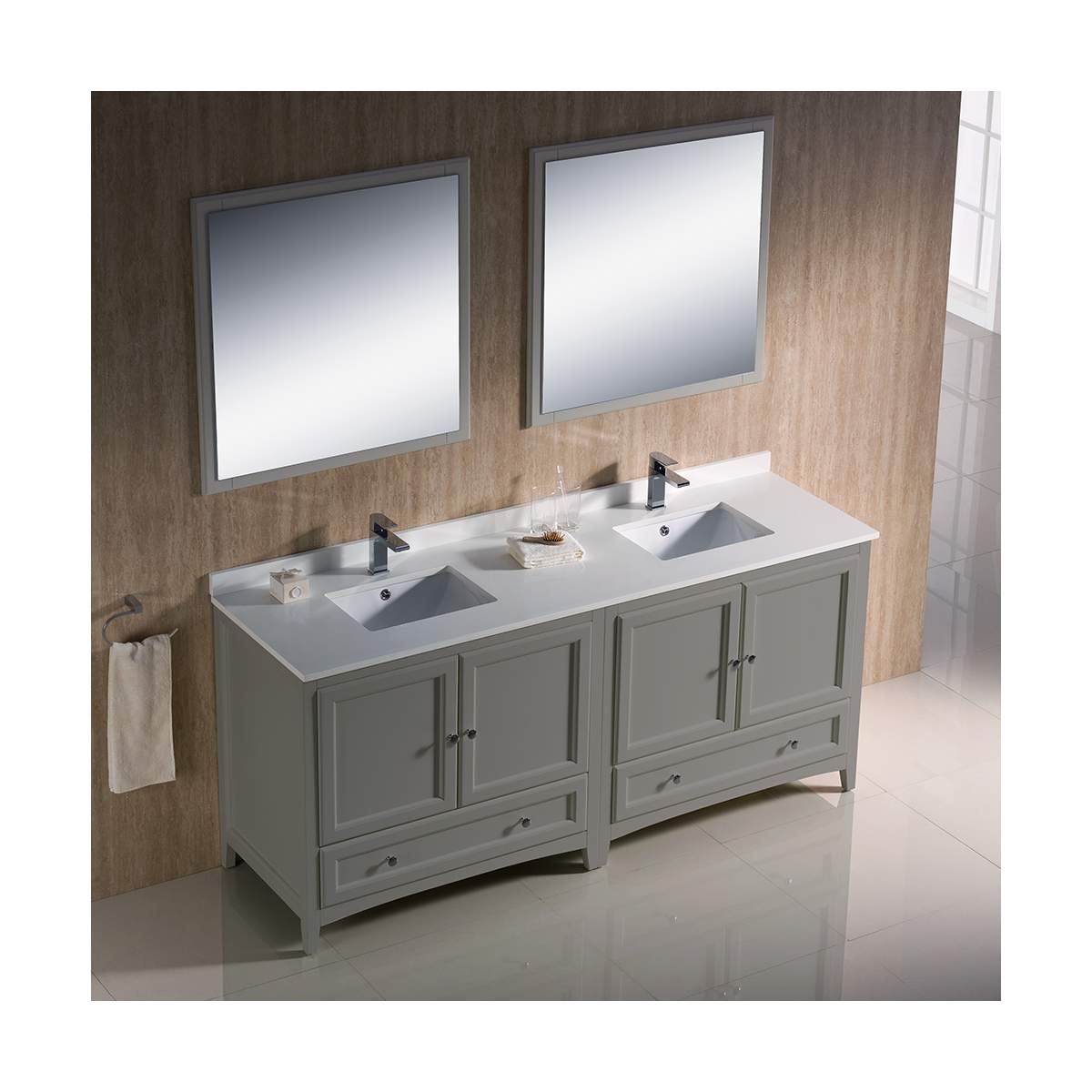 Oxford 72" Free Standing Double Basin Vanity Set with Cabinet, Quartz Vanity Top, and Framed Mirror