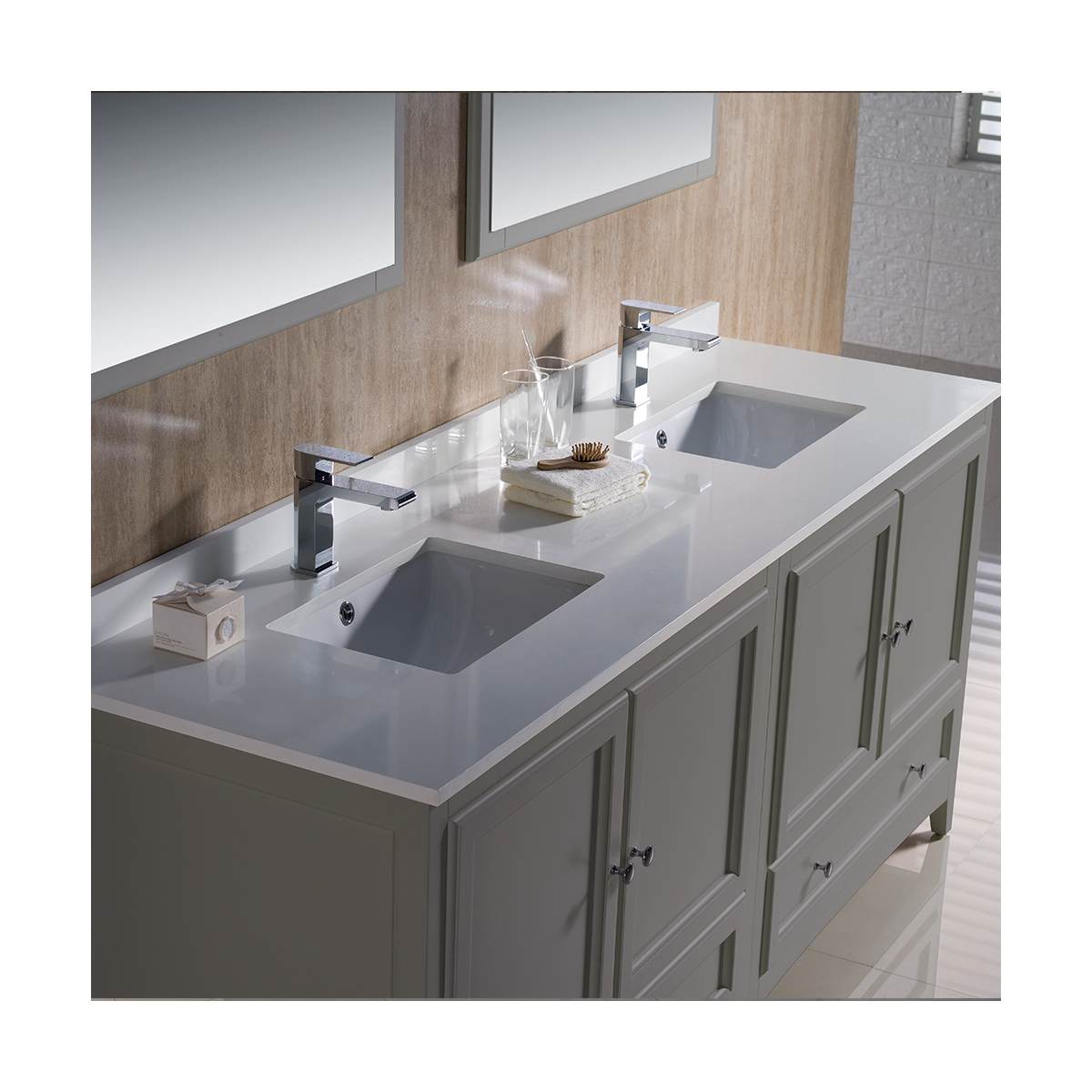 Oxford 72" Free Standing Double Basin Vanity Set with Cabinet, Quartz Vanity Top, and Framed Mirror