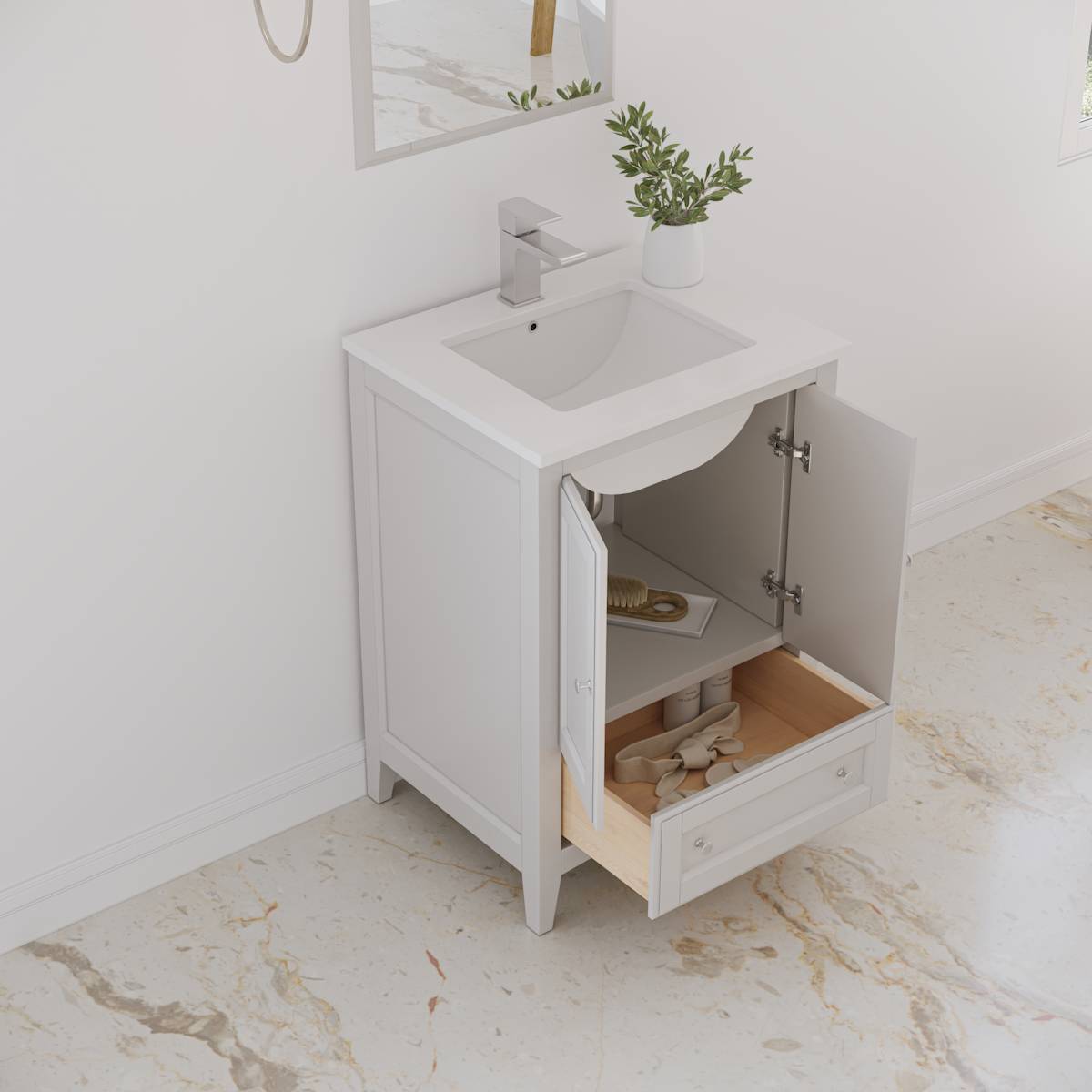Oxford 24" Free Standing Single Basin Vanity Set with Cabinet, Quartz Vanity Top, and Framed Mirror