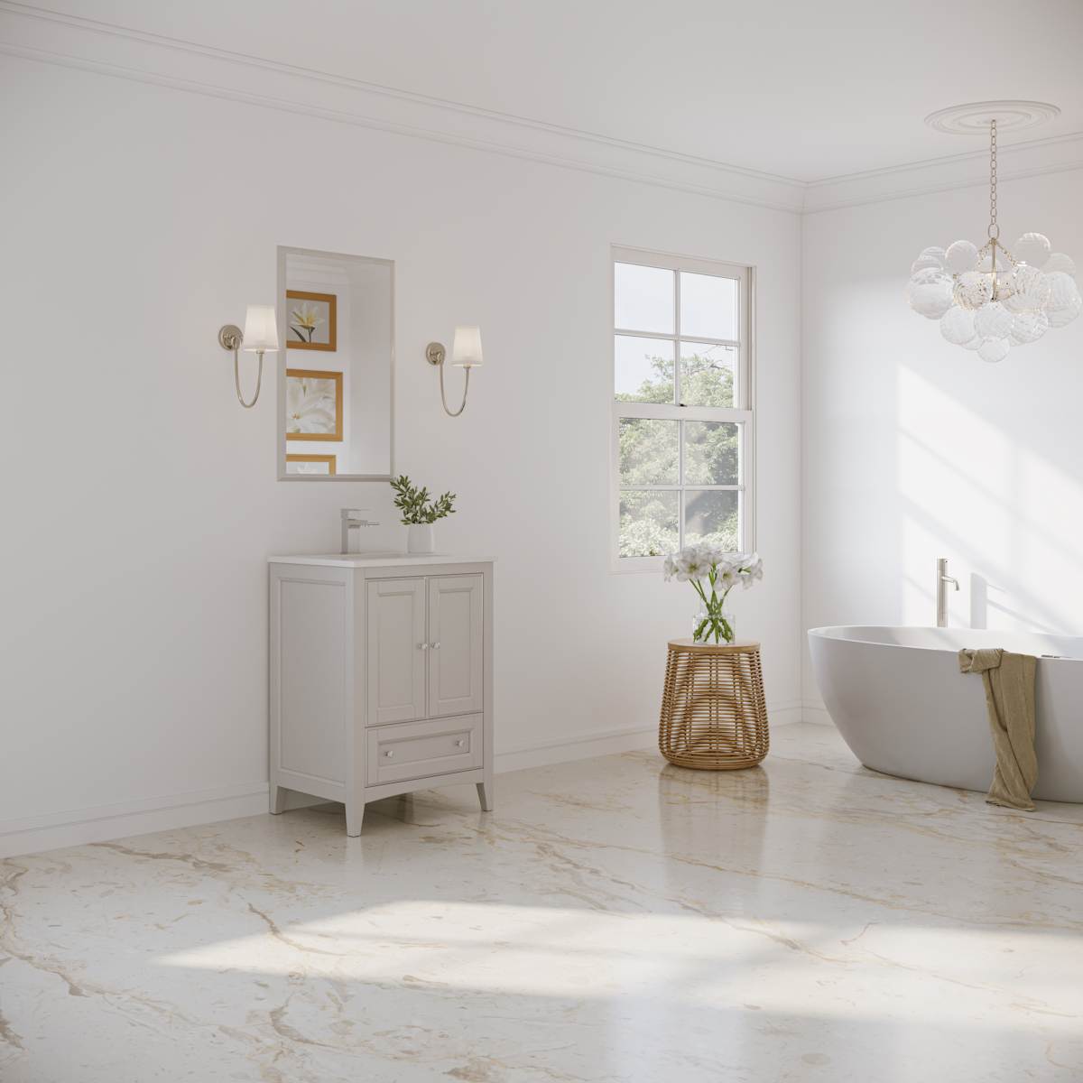 Oxford 24" Free Standing Single Basin Vanity Set with Cabinet, Quartz Vanity Top, and Framed Mirror