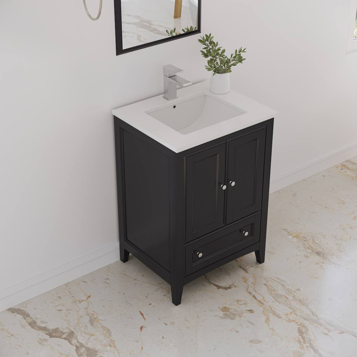 Oxford 24" Free Standing Single Basin Vanity Set with Cabinet, Quartz Vanity Top, and Framed Mirror
