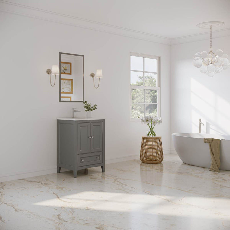 Oxford 24" Free Standing Single Basin Vanity Set with Cabinet, Quartz Vanity Top, and Framed Mirror - image 17