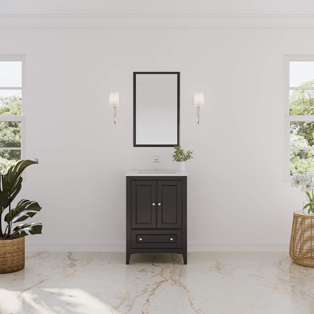 Oxford 24" Free Standing Single Basin Vanity Set with Cabinet, Quartz Vanity Top, and Framed Mirror