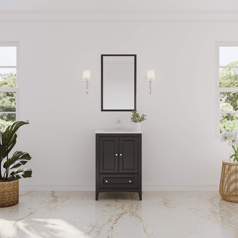 Oxford 24" Free Standing Single Basin Vanity Set with Cabinet, Quartz Vanity Top, and Framed Mirror - image 1