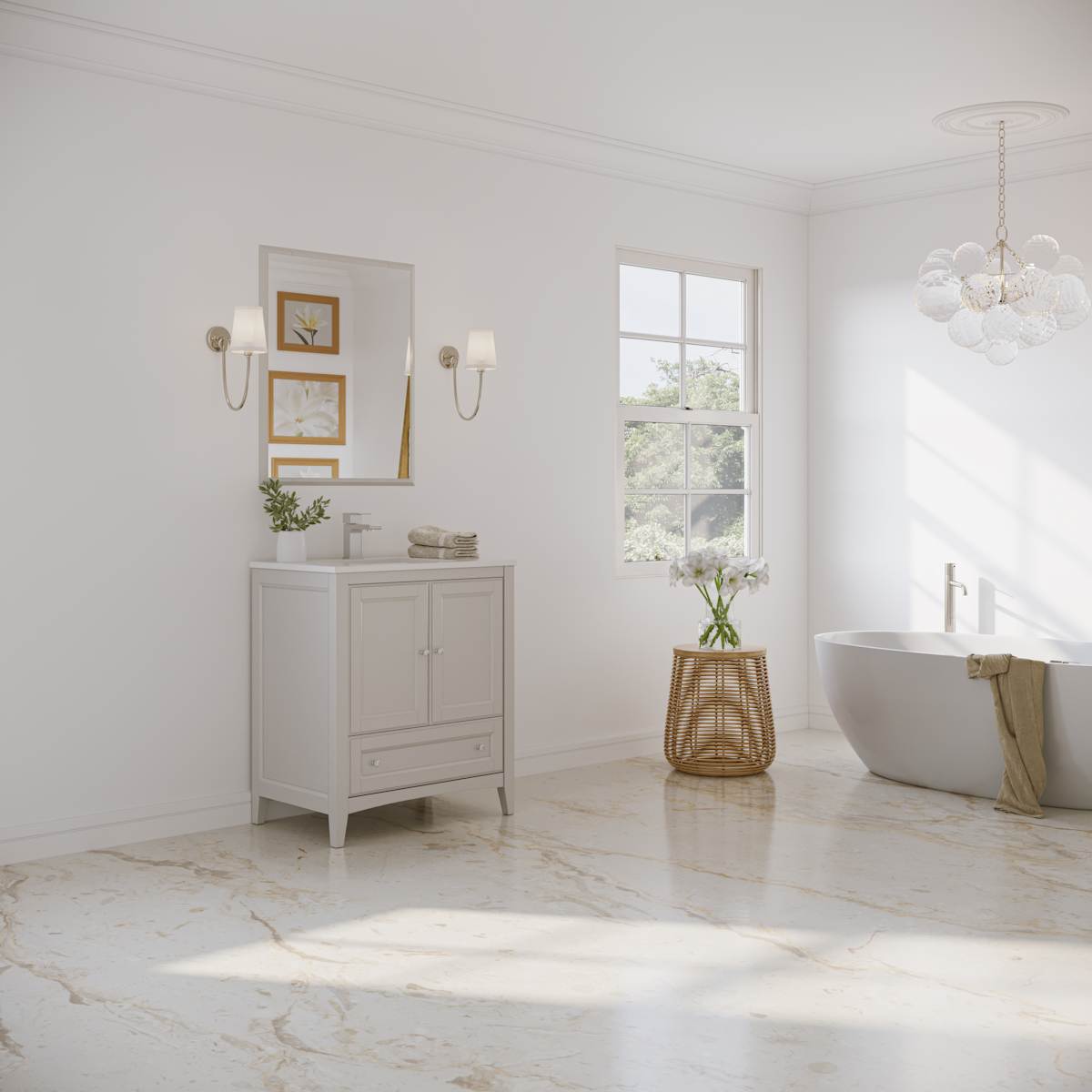 Oxford 30" Free Standing Single Basin Vanity Set with Cabinet, Quartz Vanity Top, and Framed Mirror