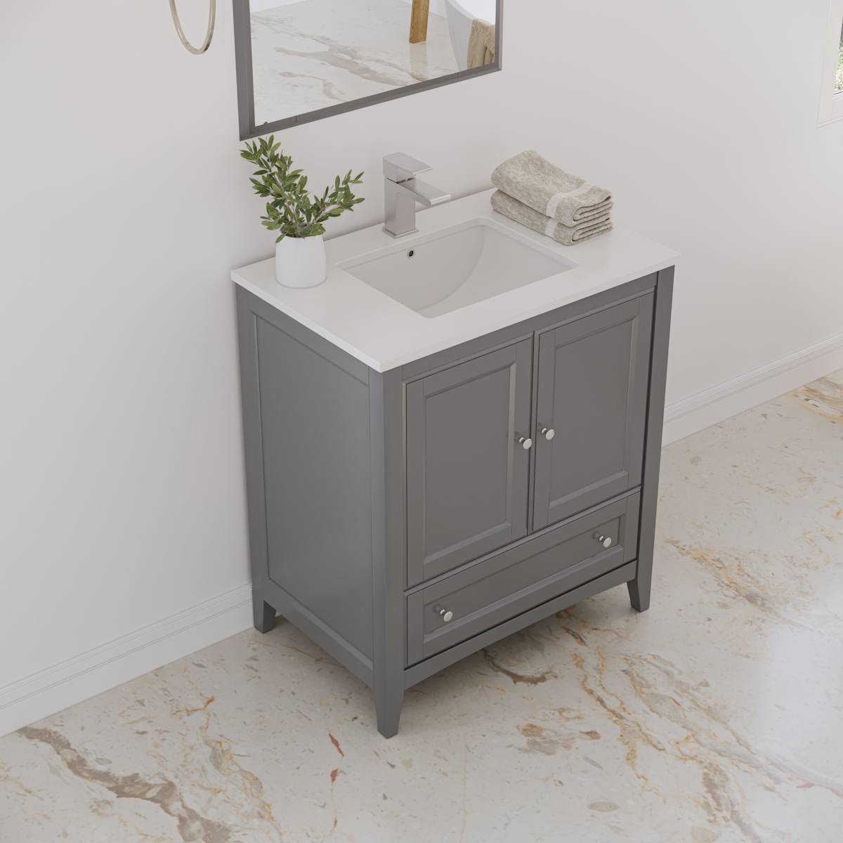 Oxford 30" Free Standing Single Basin Vanity Set with Cabinet, Quartz Vanity Top, and Framed Mirror