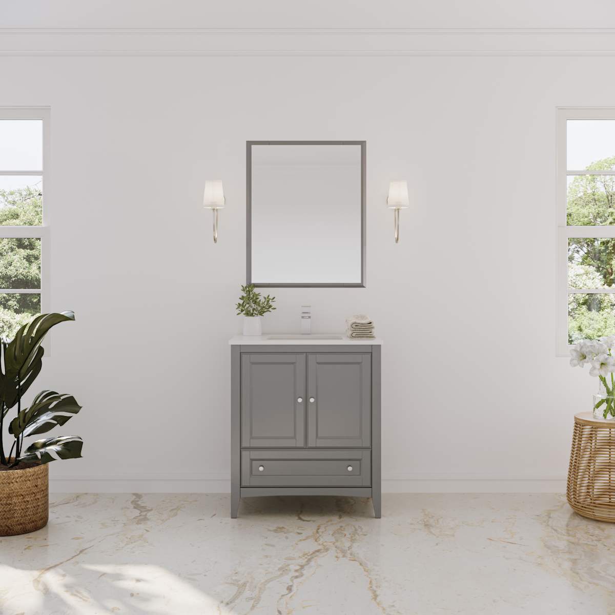 Oxford 30" Free Standing Single Basin Vanity Set with Cabinet, Quartz Vanity Top, and Framed Mirror