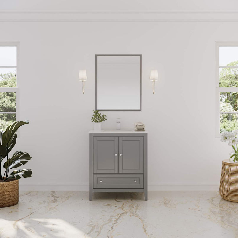 Oxford 30" Free Standing Single Basin Vanity Set with Cabinet, Quartz Vanity Top, and Framed Mirror - image 1