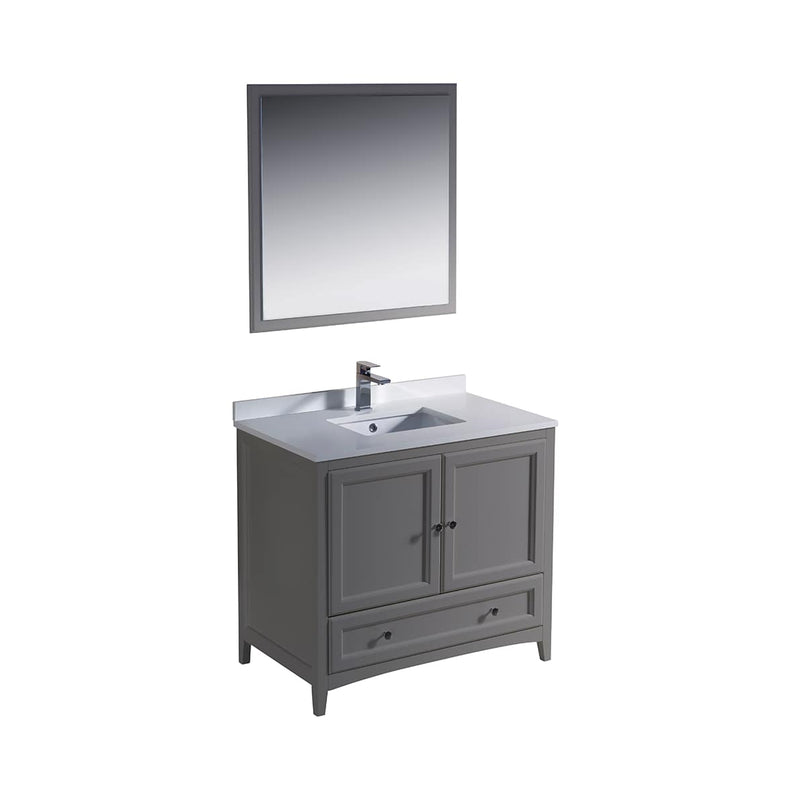 Oxford 36" Free Standing Single Basin Vanity Set with Cabinet, Quartz Vanity Top, and Framed Mirror - image 1